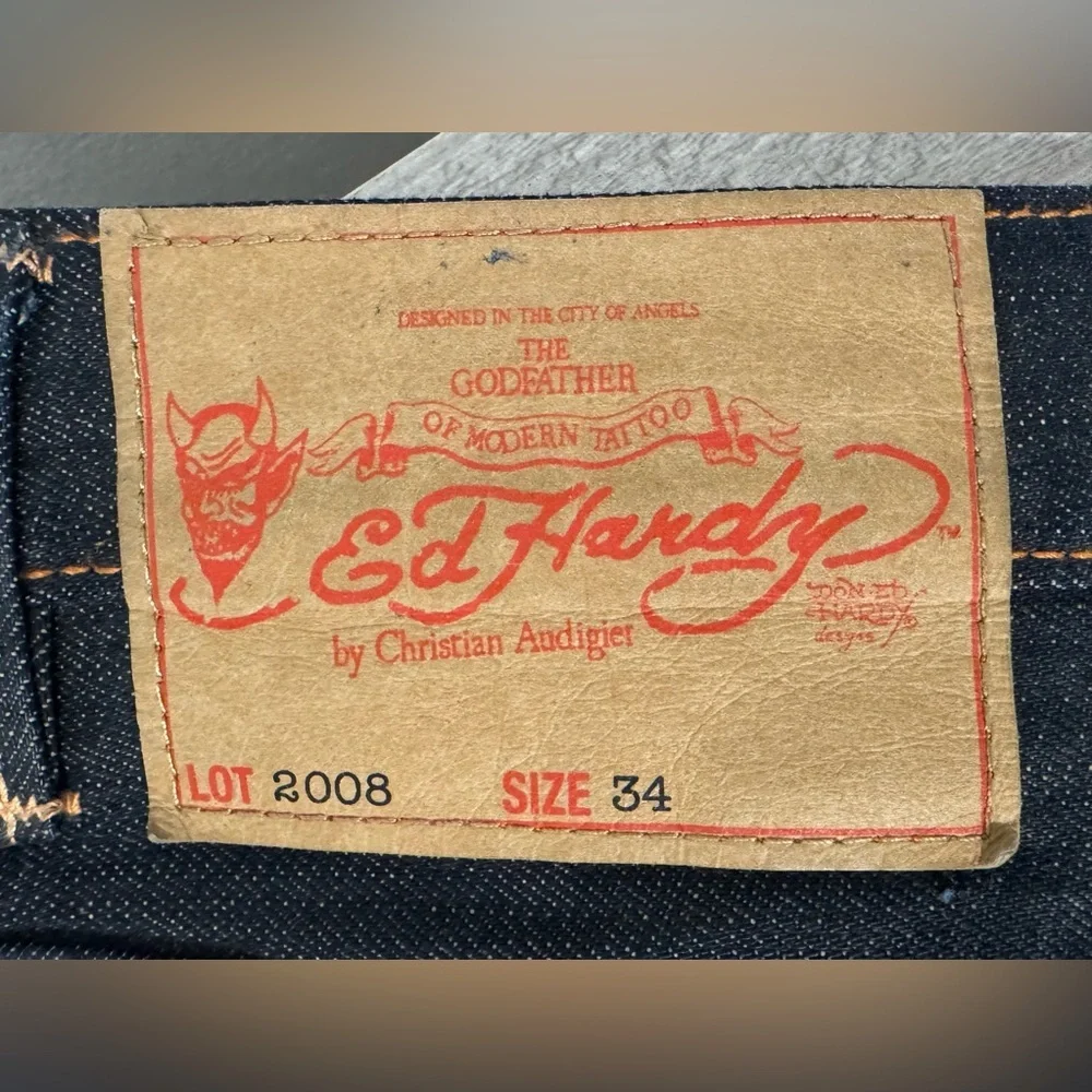 Ed Hardy Death or Glory Skull Denim Shorts Jorts Dark Wash Tattoo Graphic Y2K 34